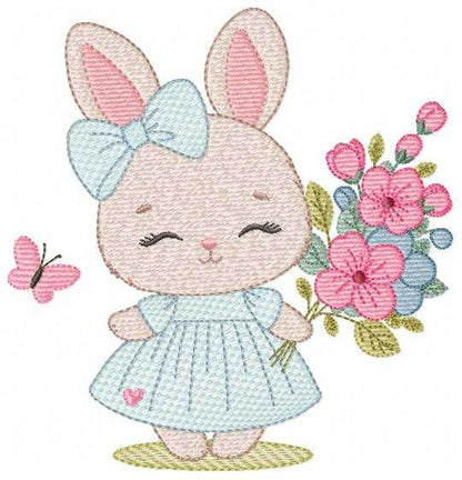 Female Bunny embroidery design - Rabbit with dress and flowers machine embroidery pattern - Baby girl file - Instant digital download - Marcia Embroidery