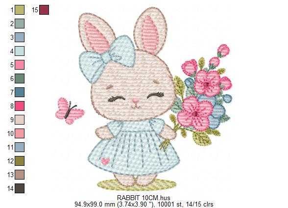 Female Bunny embroidery design - Rabbit with dress and flowers machine embroidery pattern - Baby girl file - Instant digital download - Marcia Embroidery