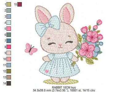 Female Bunny embroidery design - Rabbit with dress and flowers machine embroidery pattern - Baby girl file - Instant digital download - Marcia Embroidery