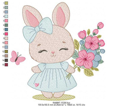 Female Bunny embroidery design - Rabbit with dress and flowers machine embroidery pattern - Baby girl file - Instant digital download - Marcia Embroidery