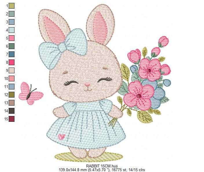 Female Bunny embroidery design - Rabbit with dress and flowers machine embroidery pattern - Baby girl file - Instant digital download - Marcia Embroidery