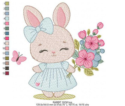 Female Bunny embroidery design - Rabbit with dress and flowers machine embroidery pattern - Baby girl file - Instant digital download - Marcia Embroidery