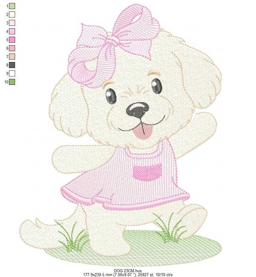 Female Dog embroidery design - Puppy Dog with pink dress machine embroidery pattern - Baby Girl File - Instant digital download pes jef - Marcia Embroidery