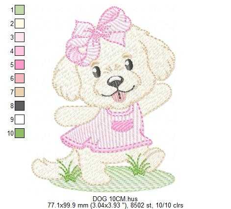 Female Dog embroidery design - Puppy Dog with pink dress machine embroidery pattern - Baby Girl File - Instant digital download pes jef - Marcia Embroidery