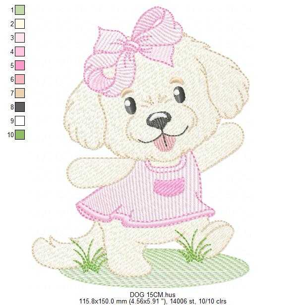 Female Dog embroidery design - Puppy Dog with pink dress machine embroidery pattern - Baby Girl File - Instant digital download pes jef - Marcia Embroidery