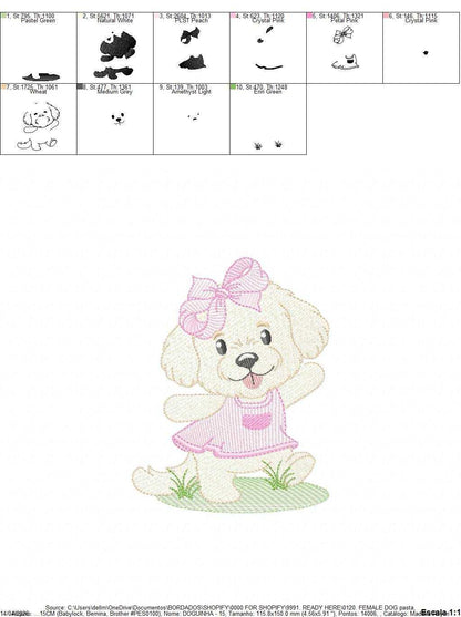 Female Dog embroidery design - Puppy Dog with pink dress machine embroidery pattern - Baby Girl File - Instant digital download pes jef - Marcia Embroidery