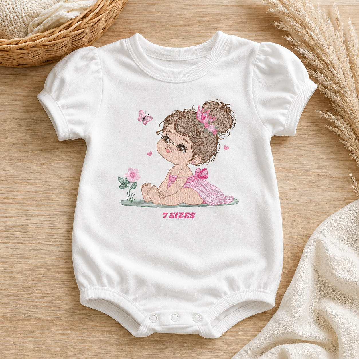 Princess embroidery designs - Beauty pageant girl with pink dress machine pattern - Girl with flowers hearts and butterflies file - Download (Copy)