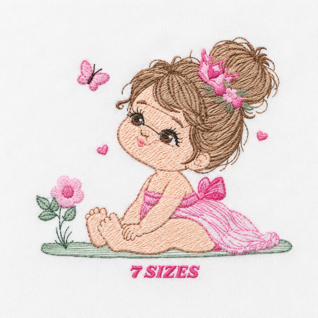 Princess embroidery designs - Beauty pageant girl with pink dress machine pattern - Girl with flowers hearts and butterflies file - Download (Copy)