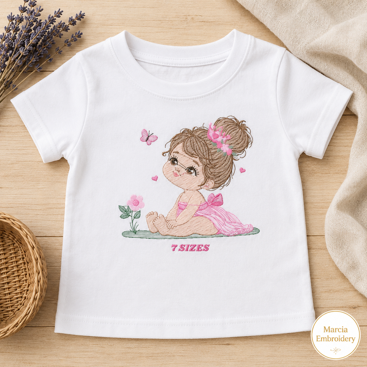 Princess embroidery designs - Beauty pageant girl with pink dress machine pattern - Girl with flowers hearts and butterflies file - Download (Copy)