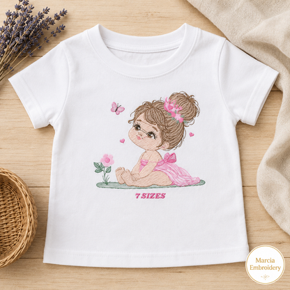 Princess embroidery designs - Beauty pageant girl with pink dress machine pattern - Girl with flowers hearts and butterflies file - Download (Copy)
