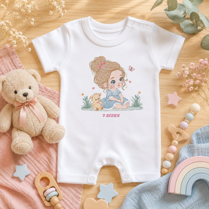 Baby girl embroidery designs - Children with teddy bear and hearts machine embroidery pattern (Digital Download)