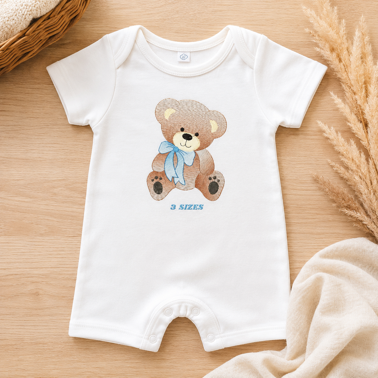 Teddy Bear embroidery designs - Baby boy Rippled Bear machine pattern - Cute Teddy Bear with blue tie (Digital download)