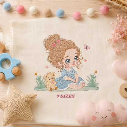 Baby girl embroidery designs - Children with teddy bear and hearts machine embroidery pattern (Digital Download)