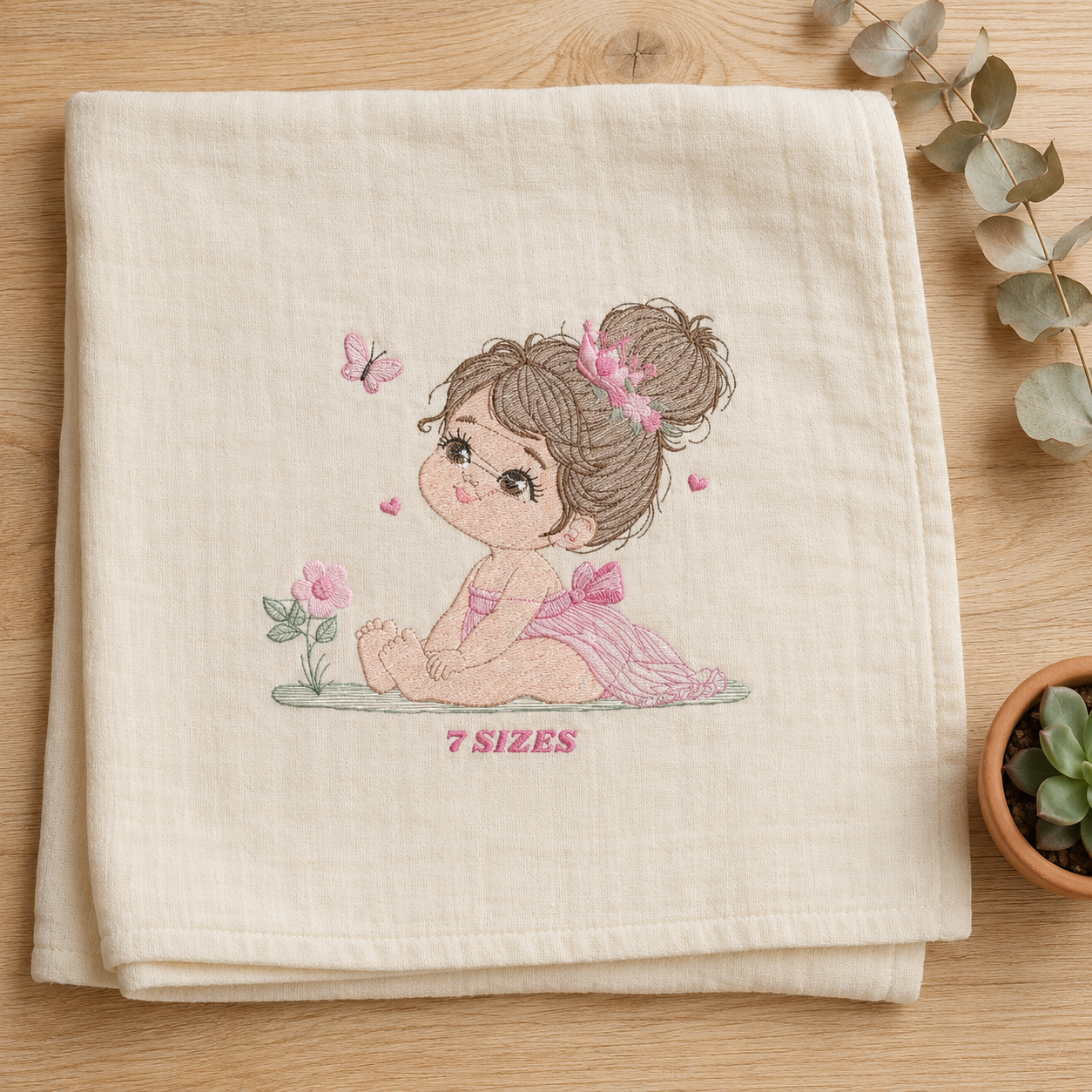 Princess embroidery designs - Beauty pageant girl with pink dress machine pattern - Girl with flowers hearts and butterflies file - Download (Copy)