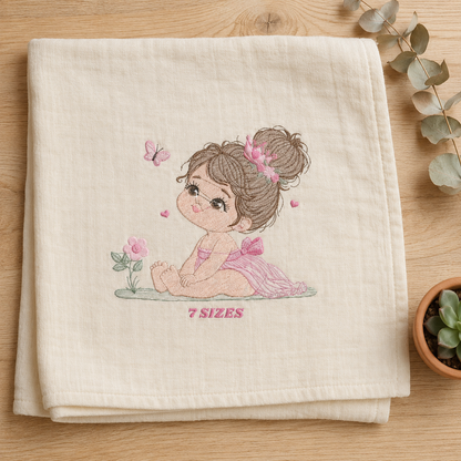 Princess embroidery designs - Beauty pageant girl with pink dress machine pattern - Girl with flowers hearts and butterflies file - Download (Copy)