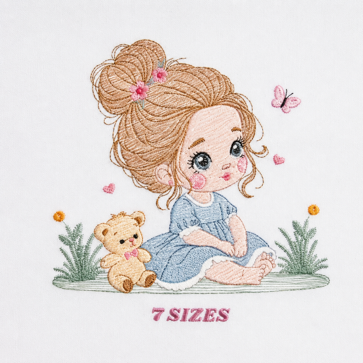 Baby girl embroidery designs - Children with teddy bear and hearts machine embroidery pattern (Digital Download)