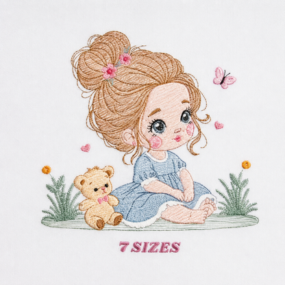 Baby girl embroidery designs - Children with teddy bear and hearts machine embroidery pattern (Digital Download)