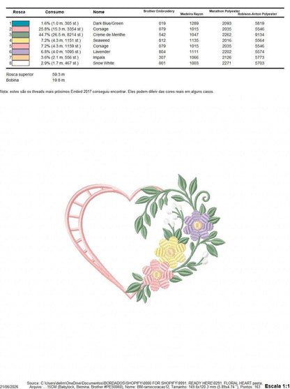 Floral heart embroidery design - Heart with flowers frame machine embroidery pattern - Baby girl file - Instant digital download pes jef - Marcia Embroidery