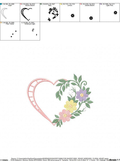 Floral heart embroidery design - Heart with flowers frame machine embroidery pattern - Baby girl file - Instant digital download pes jef - Marcia Embroidery