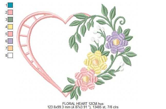 Floral heart embroidery design - Heart with flowers frame machine embroidery pattern - Baby girl file - Instant digital download pes jef - Marcia Embroidery