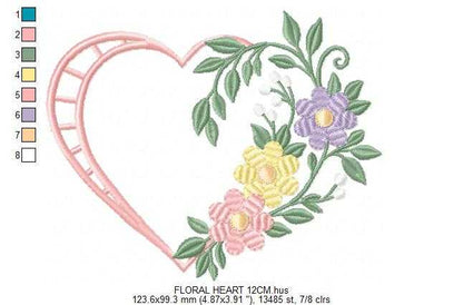 Floral heart embroidery design - Heart with flowers frame machine embroidery pattern - Baby girl file - Instant digital download pes jef - Marcia Embroidery