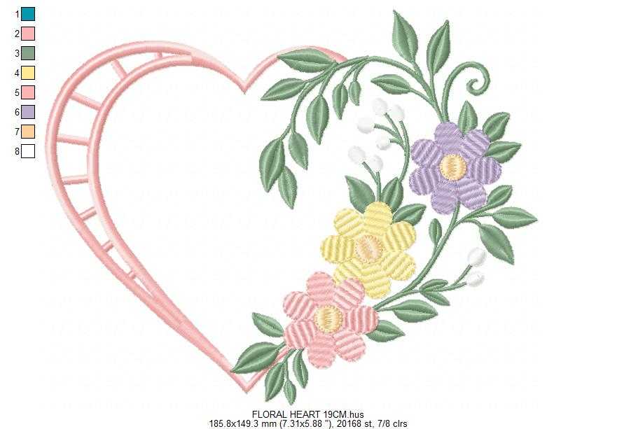 Floral heart embroidery design - Heart with flowers frame machine embroidery pattern - Baby girl file - Instant digital download pes jef - Marcia Embroidery