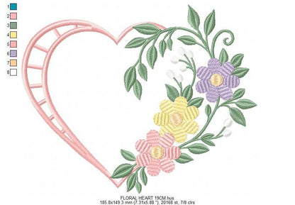 Floral heart embroidery design - Heart with flowers frame machine embroidery pattern - Baby girl file - Instant digital download pes jef - Marcia Embroidery