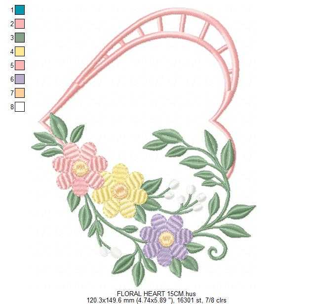 Floral heart embroidery design - Heart with flowers frame machine embroidery pattern - Baby girl file - Instant digital download pes jef - Marcia Embroidery