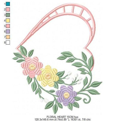Floral heart embroidery design - Heart with flowers frame machine embroidery pattern - Baby girl file - Instant digital download pes jef - Marcia Embroidery