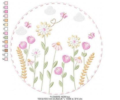 Flower Garden Frame embroidery design - Flower and Butterfly machine embroidery pattern - Floral bouquet Kitchen Towel - Instant digital download pes - Marcia Embroidery