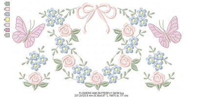 Flower with lace embroidery design - Roses with butterfly machine embroidery pattern - Floral Kitchen towel - instant download pes jef - Marcia Embroidery