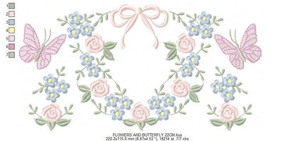 Flower with lace embroidery design - Roses with butterfly machine embroidery pattern - Floral Kitchen towel - instant download pes jef - Marcia Embroidery