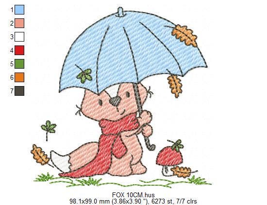 Fox embroidery designs - Red Fox with umbrella and leaves embroidery design machine embroidery pattern - Woodland Animal Fall season embroidery file - instant download pes jef - Marcia Embroidery