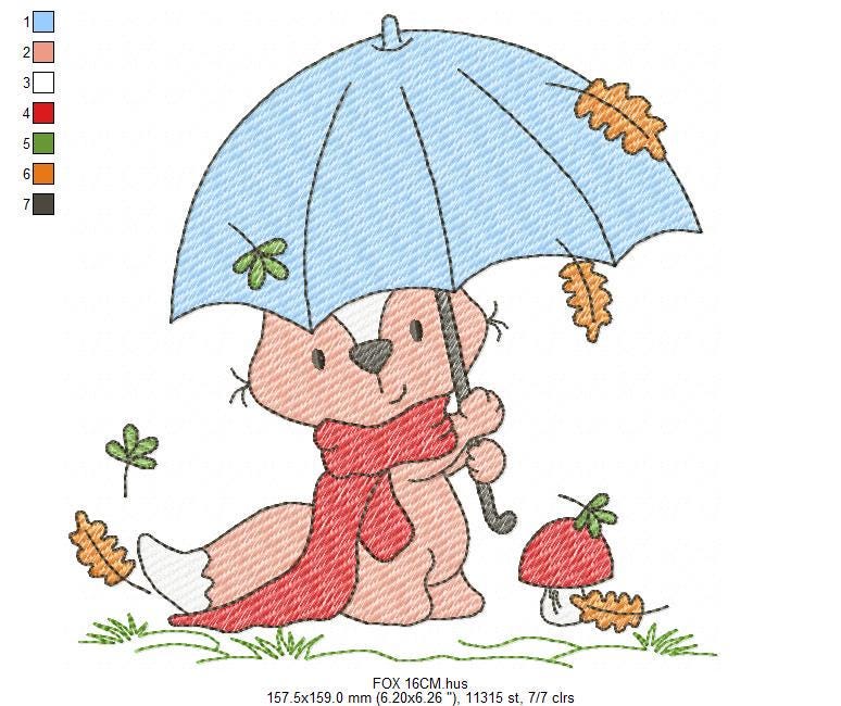Fox embroidery designs - Red Fox with umbrella and leaves embroidery design machine embroidery pattern - Woodland Animal Fall season embroidery file - instant download pes jef - Marcia Embroidery