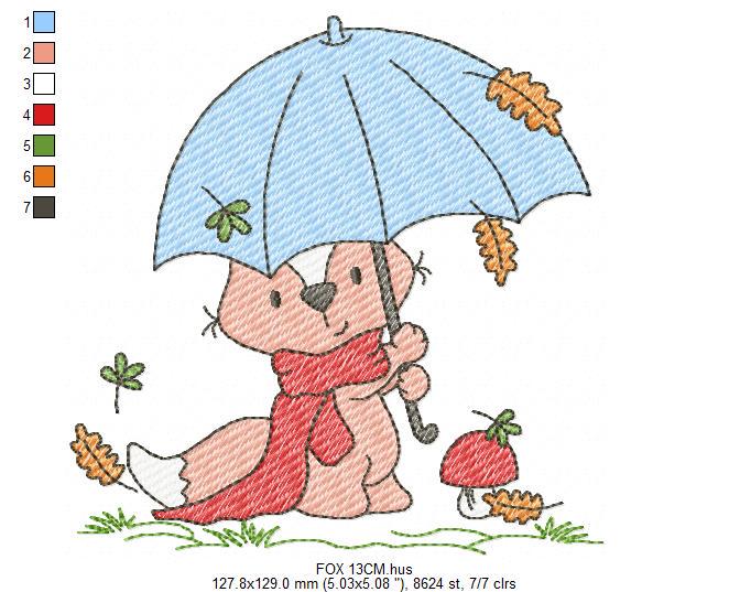 Fox embroidery designs - Red Fox with umbrella and leaves embroidery design machine embroidery pattern - Woodland Animal Fall season embroidery file - instant download pes jef - Marcia Embroidery