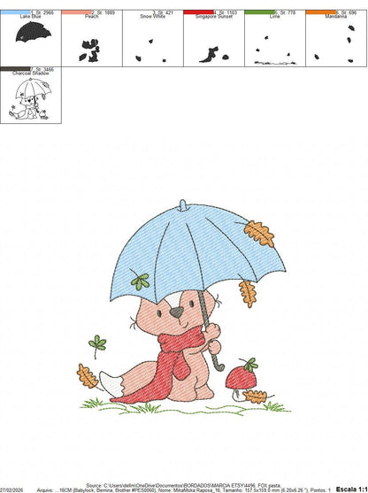 Fox embroidery designs - Red Fox with umbrella and leaves embroidery design machine embroidery pattern - Woodland Animal Fall season embroidery file - instant download pes jef - Marcia Embroidery