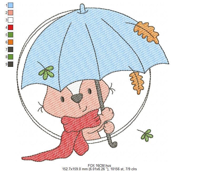 Fox embroidery designs - Red Fox with umbrella embroidery design machine embroidery pattern - Woodland Animal Fall Season embroidery file - instant download pes jef - Marcia Embroidery