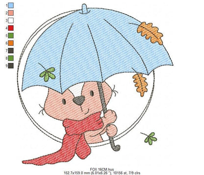 Fox embroidery designs - Red Fox with umbrella embroidery design machine embroidery pattern - Woodland Animal Fall Season embroidery file - instant download pes jef - Marcia Embroidery