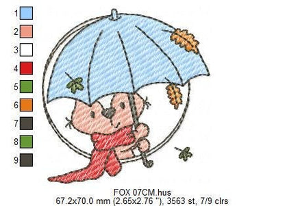 Fox embroidery designs - Red Fox with umbrella embroidery design machine embroidery pattern - Woodland Animal Fall Season embroidery file - instant download pes jef - Marcia Embroidery