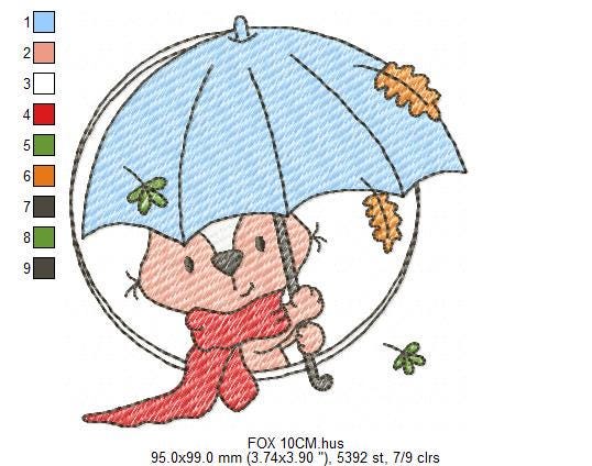Fox embroidery designs - Red Fox with umbrella embroidery design machine embroidery pattern - Woodland Animal Fall Season embroidery file - instant download pes jef - Marcia Embroidery