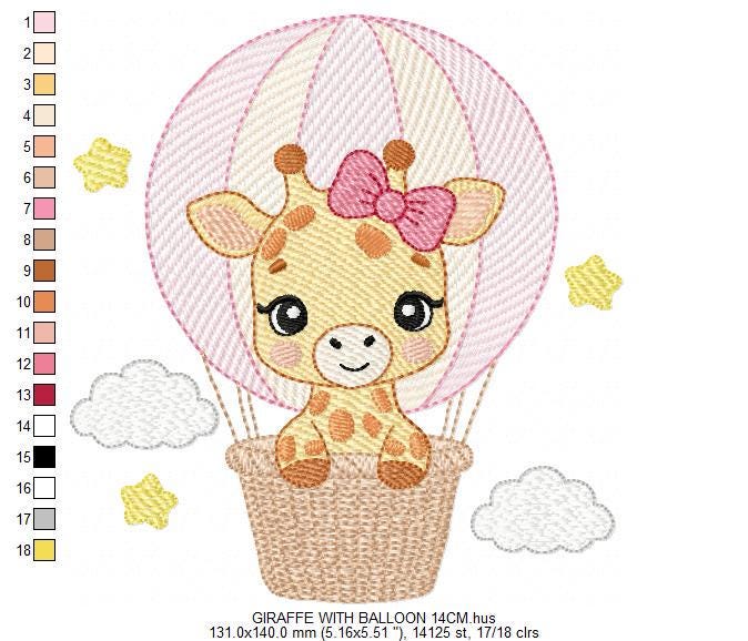 Giraffe with balloons embroidery design - Safari Wild Animal machine pattern - Baby Girl Giraffe with pink lace - Instant digital download - Marcia Embroidery