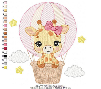 Giraffe with balloons embroidery design - Safari Wild Animal machine pattern - Baby Girl Giraffe with pink lace - Instant digital download - Marcia Embroidery