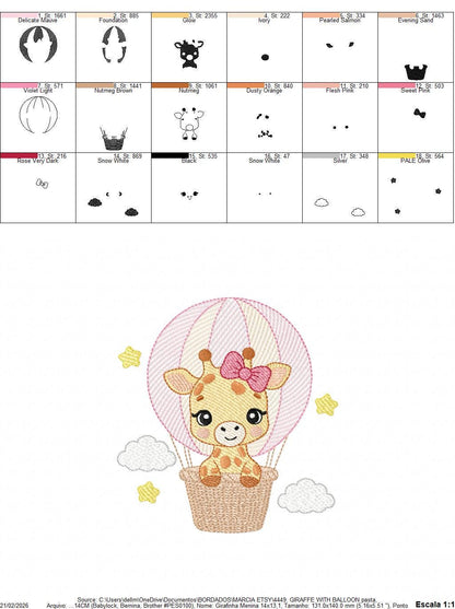 Giraffe with balloons embroidery design - Safari Wild Animal machine pattern - Baby Girl Giraffe with pink lace - Instant digital download - Marcia Embroidery