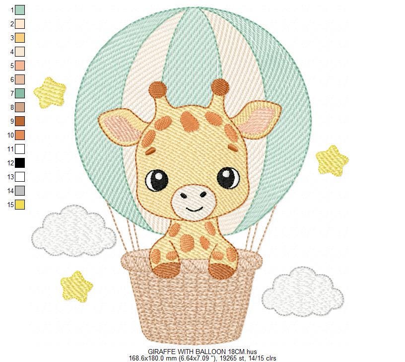 Giraffe with hot air balloon embroidery design - Safari Wild Animal machine pattern - Baby Girl Giraffe - Instant digital download pes jef - Marcia Embroidery