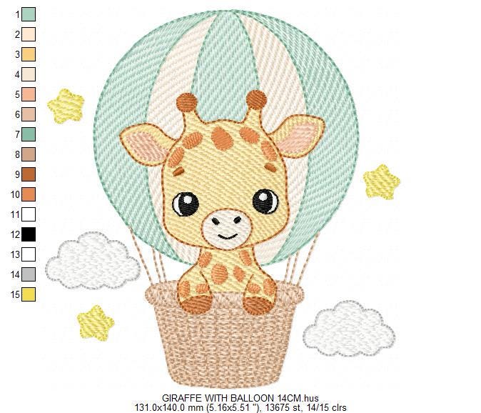Giraffe with hot air balloon embroidery design - Safari Wild Animal machine pattern - Baby Girl Giraffe - Instant digital download pes jef - Marcia Embroidery