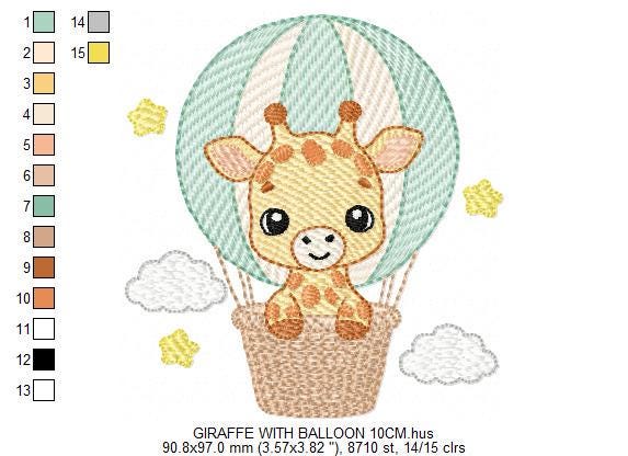 Giraffe with hot air balloon embroidery design - Safari Wild Animal machine pattern - Baby Girl Giraffe - Instant digital download pes jef - Marcia Embroidery