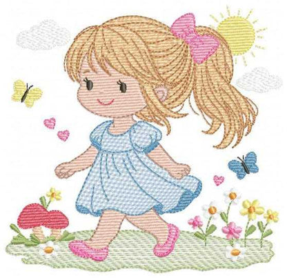 Girl with long hair embroidery design - Princess with ponytail machine embroidery pattern - Baby Girl with dress and flowers - Instant digital download pes - Marcia Embroidery