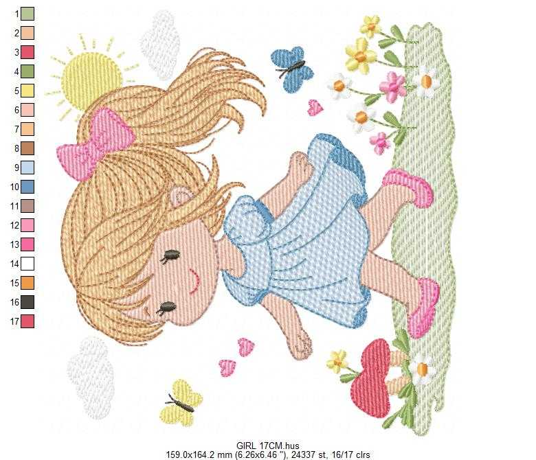 Girl with long hair embroidery design - Princess with ponytail machine embroidery pattern - Baby Girl with dress and flowers - Instant digital download pes - Marcia Embroidery