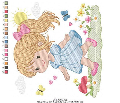 Girl with long hair embroidery design - Princess with ponytail machine embroidery pattern - Baby Girl with dress and flowers - Instant digital download pes - Marcia Embroidery