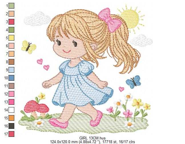 Girl with long hair embroidery design - Princess with ponytail machine embroidery pattern - Baby Girl with dress and flowers - Instant digital download pes - Marcia Embroidery